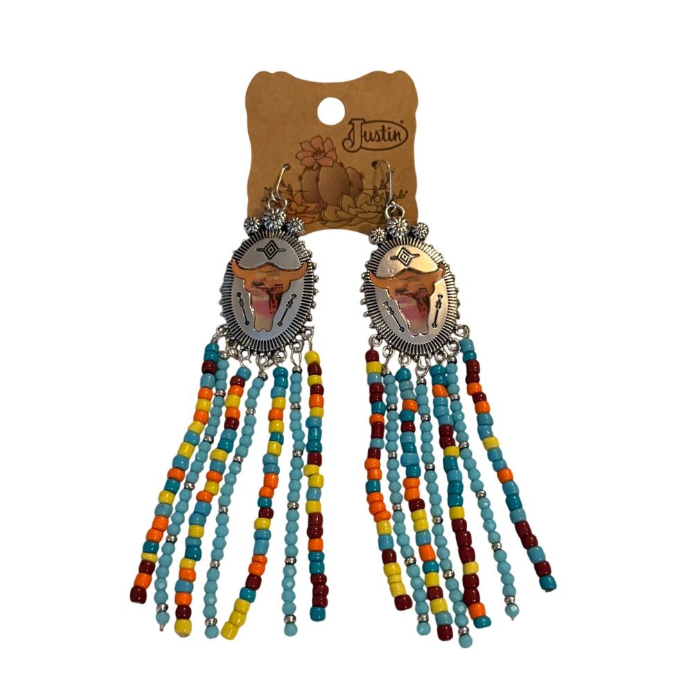 Justin Women's Bull Head Beaded Earings Western Fringe Multicolor Turquoise